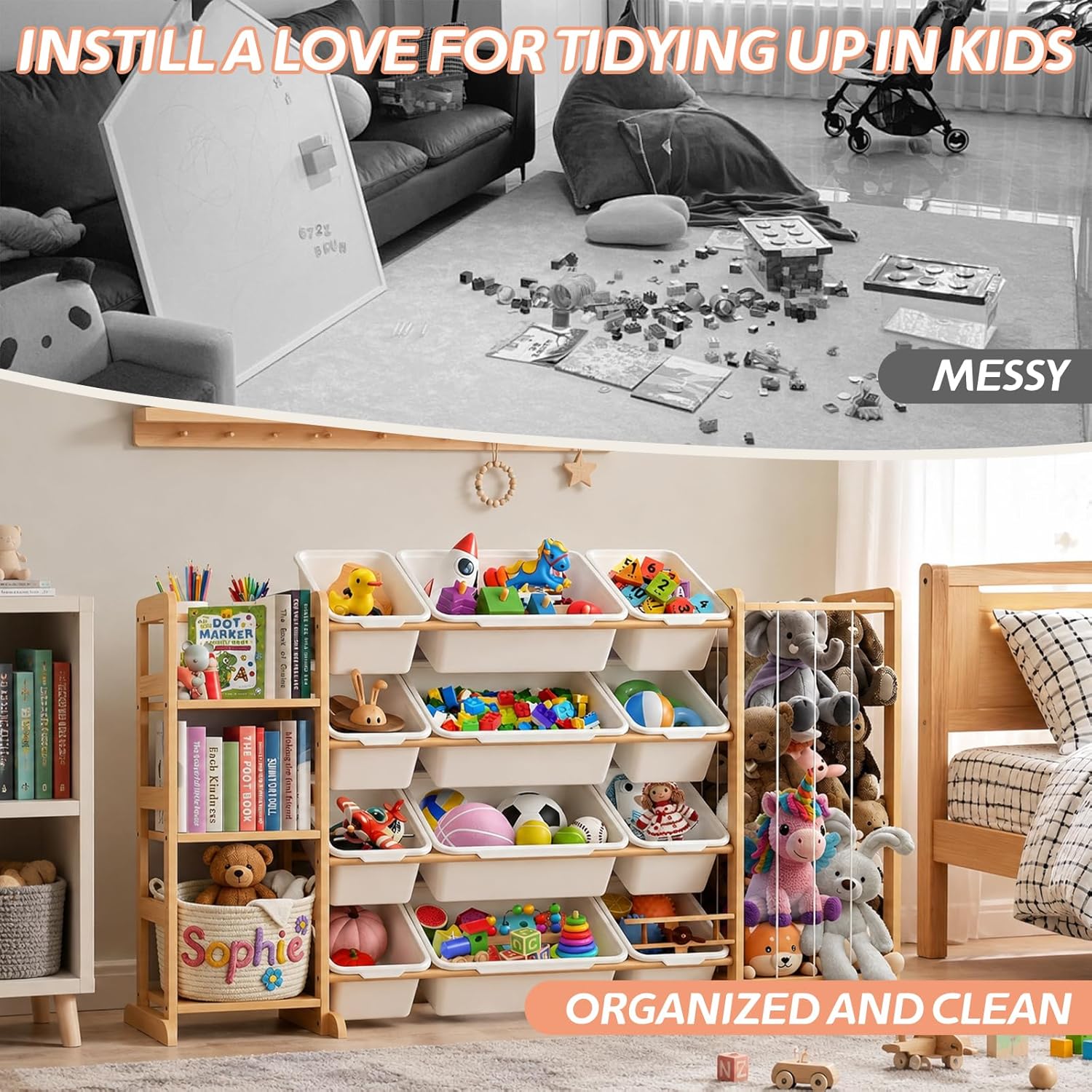 DQQKMM 3-in-1 Toy Storage Organizer with Bookshelf & Stuffed Animal Holder, Kids Toy Shelf with 12 Storage Bins, Wooden Playroom Storage Rack for Bedroom, Space-Saving Toy & Bookcase for Kids Rooms