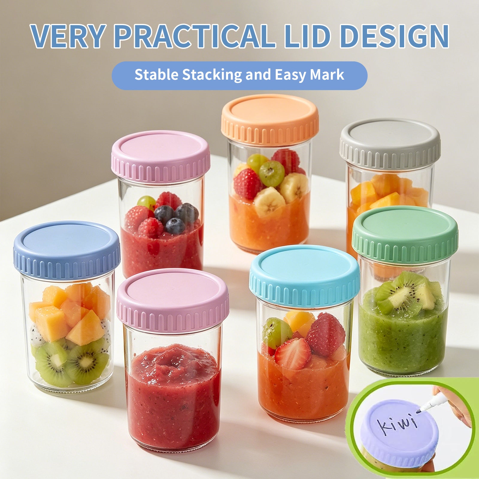 DQQKMM 6 Pack Glass Baby Food Storage Containers, 8oz/236ml Glass Baby Food Jars with Airtight Lids, Small Containers Freezer Storage with Airtight Lids Leak Proof for Baby Food