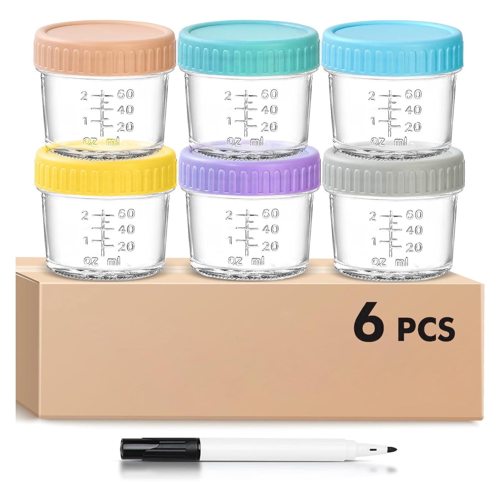 DQQKMM 6 Pack Glass Baby Food Storage Containers, 4oz/120ml Glass Baby Food Jars with Airtight Lids, Small Containers Freezer Storage with Airtight Lids Leak Proof for Baby Food
