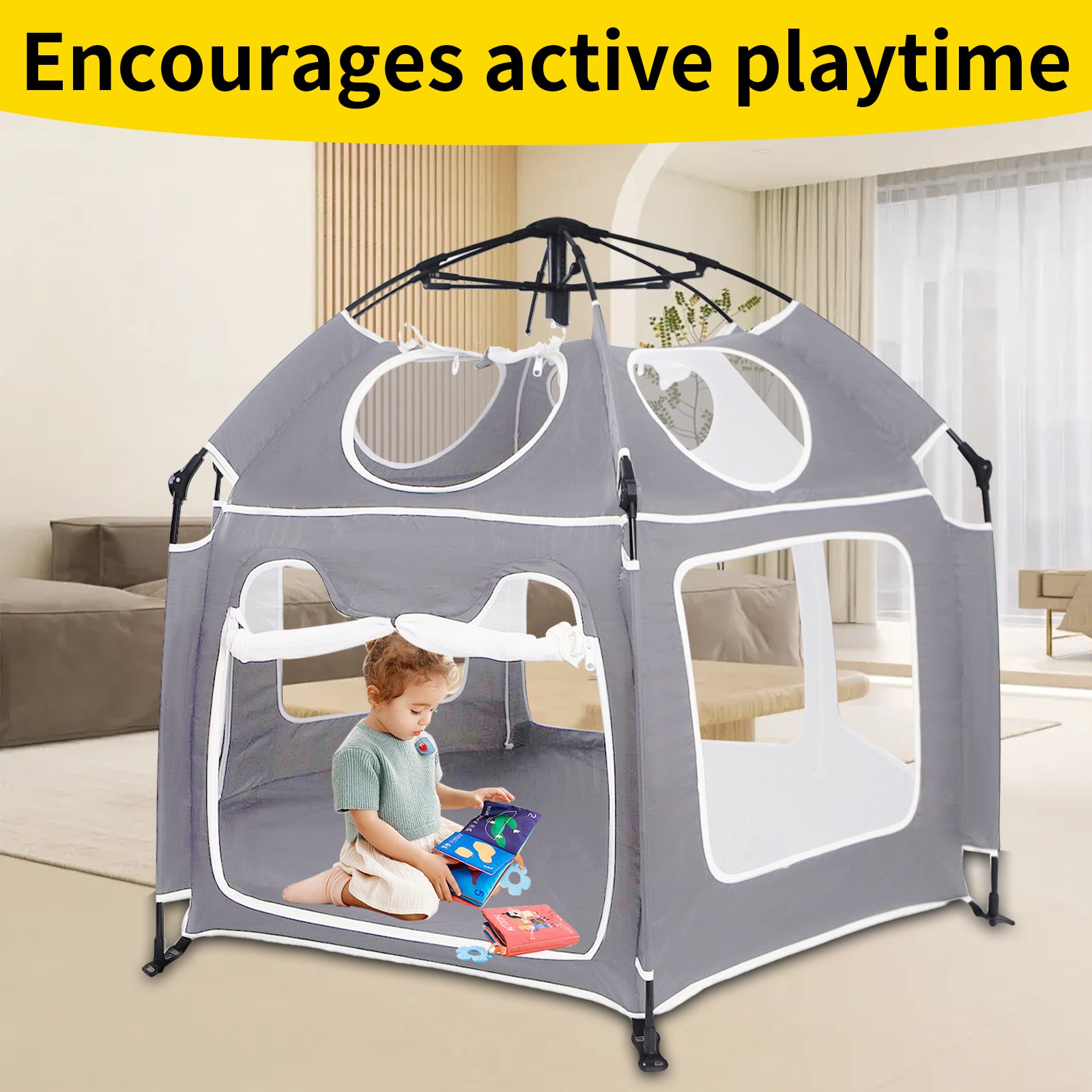 Portable Pop-Up Tent with Canopy - Mosquito Net & UV Protection Playpen, Lightweight Foldable Design for Beach, Garden and Indoor Use, Easy Setup (1.5m x 1.1m, Grey)