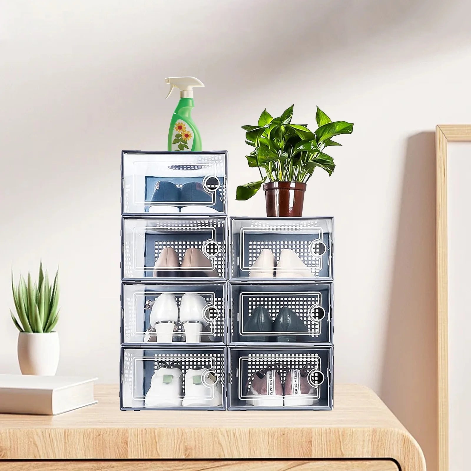 DQQKMM 12-Pack XL Shoe Storage Box, Clear Shoe box Plastic Stackable Shoe Organizer for Closet, Space Saving Foldable Shoe Rack Sneaker Container Bin Holder(gray)
