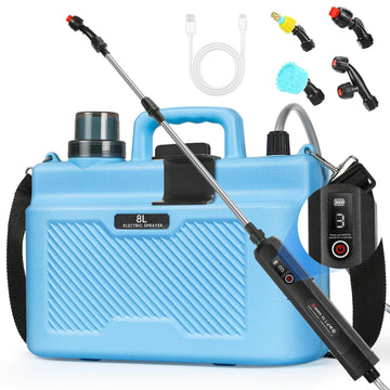 DQQKMM 8L Rechargeable Electric Sprayer, 2000mAh Battery, Digital Display, 3 Speeds, 4 Nozzles & Telescopic Wand for Lawn, Garden Cleaning