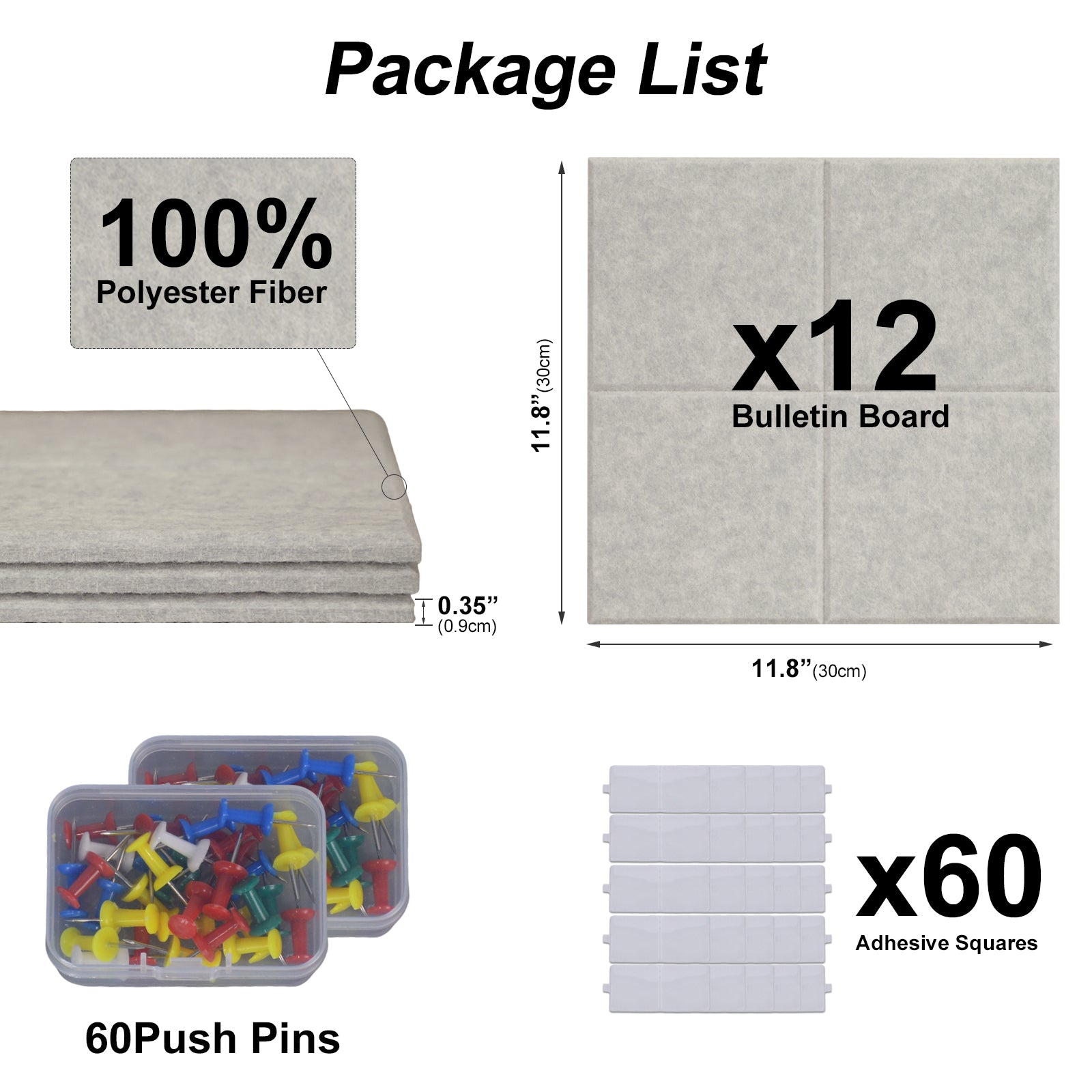 DQQKMM 48" x 36" Large Felt Bulletin Board 12 Pack, Sound Absorbing Panel Wall Organizer with 60 Adhesive Tabs & 60 Push Pins for Home , Office