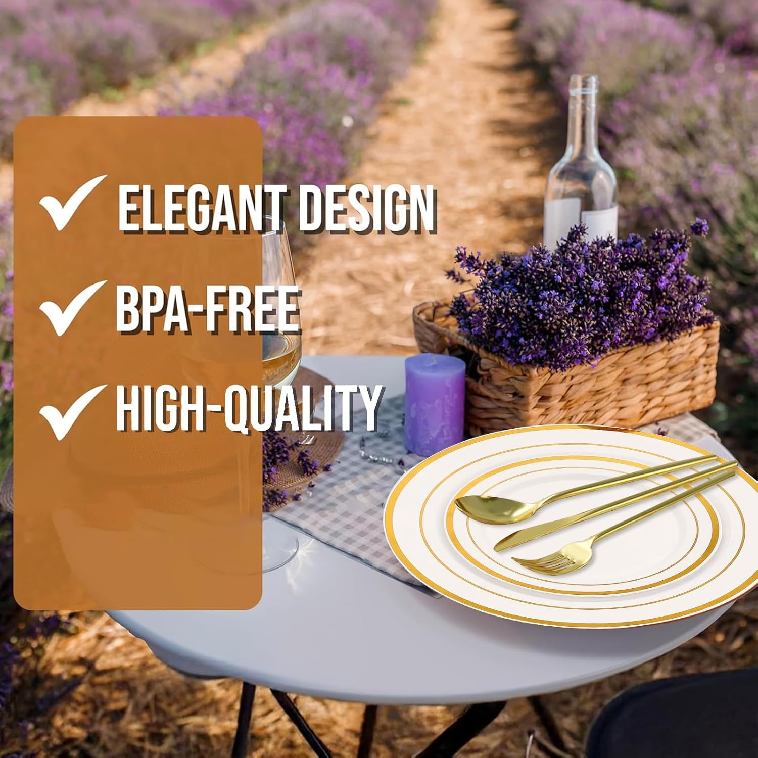 DQQKMM 225Pcs Gold Disposable Dinnerware Set for 25 Guests, 50 Plates, 75 Silverware(25 knives, 25 forks, 25 spoons), 25 Napkins, 25 Cups & 50 Straws