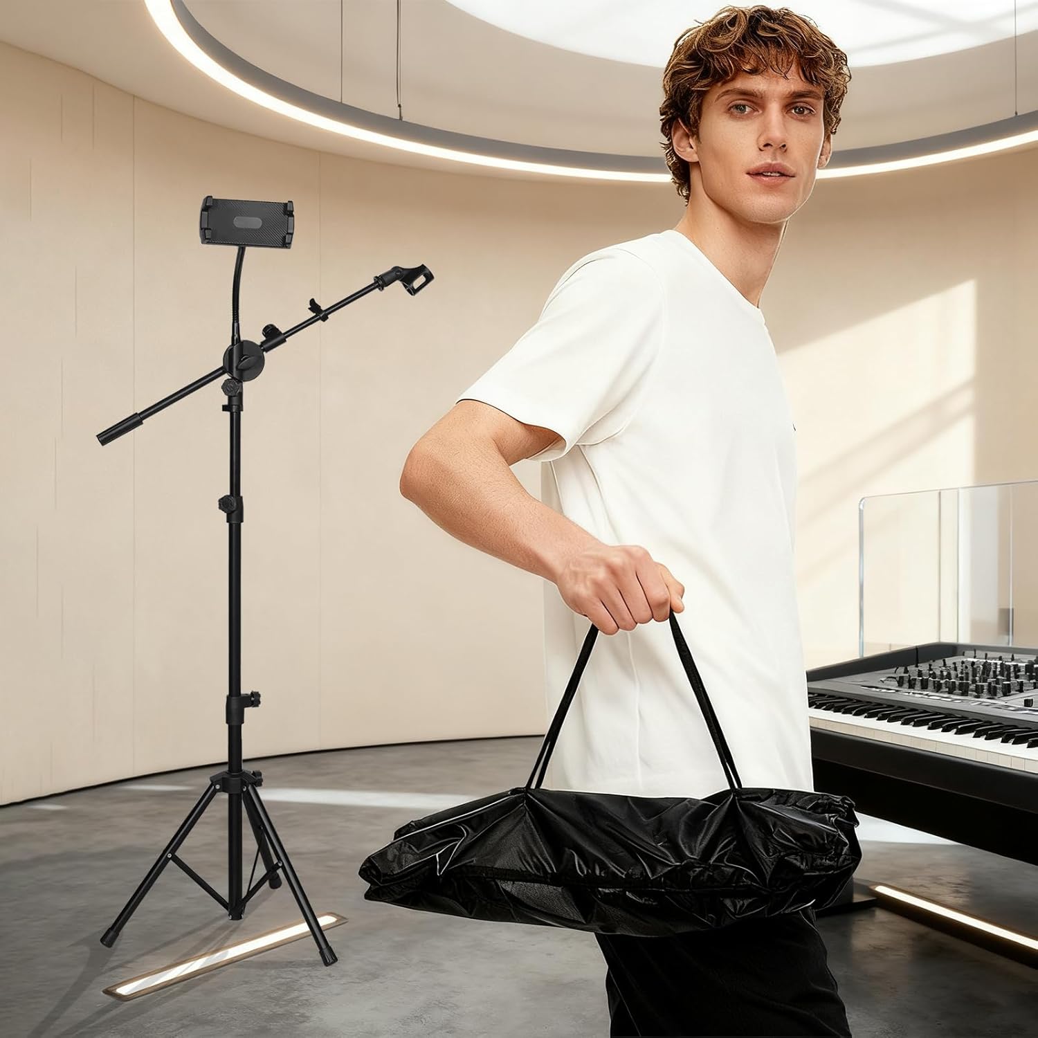 DQQKMM Tripod Mic Stand, 2-in-1 Adjustable Floor Stand with Boom Arm, Dual-Use Holder with Bag for Singing Studio