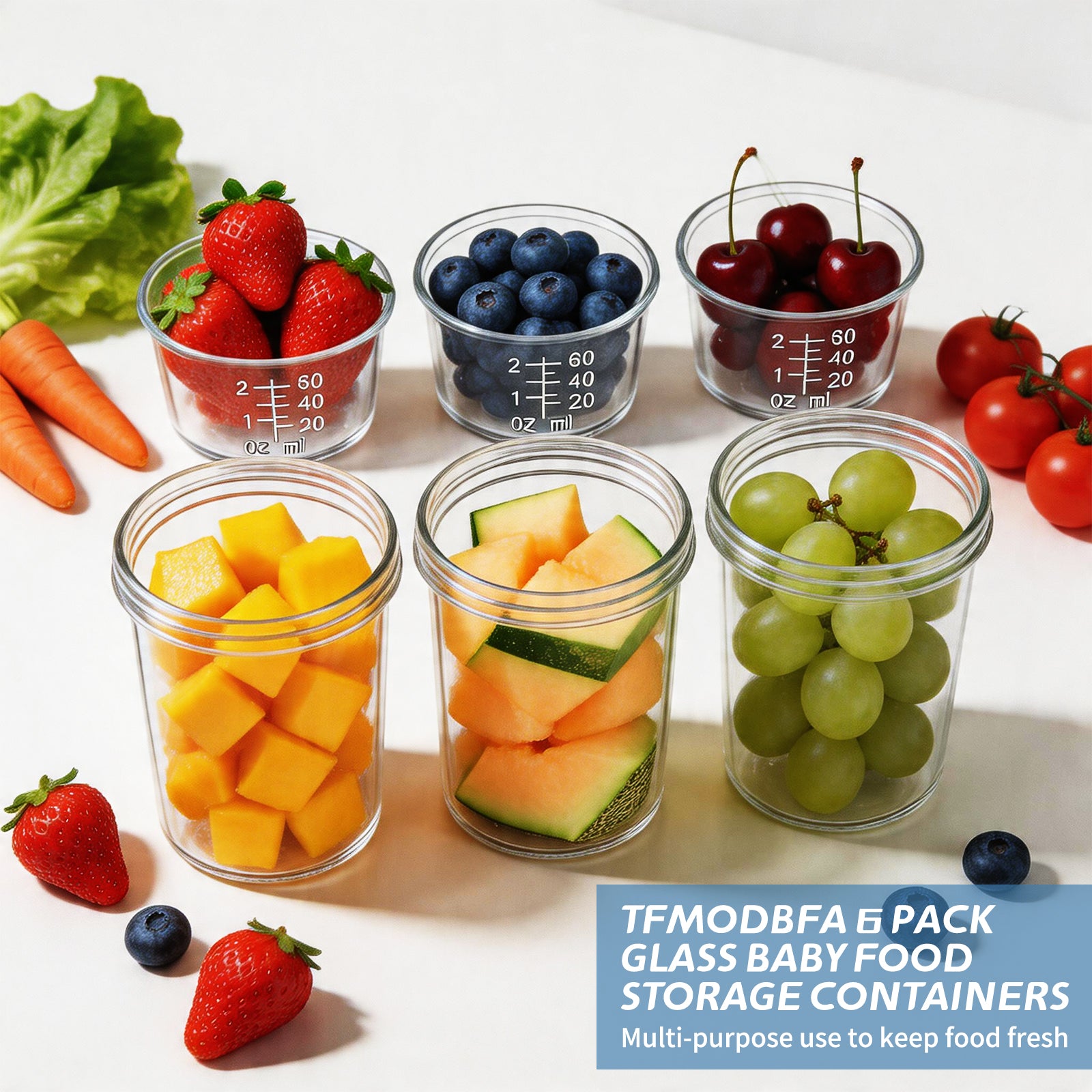 DQQKMM 6 Pack Glass Baby Food Storage Containers, 4oz/8oz Glass Baby Food Jars with Airtight Lids, Small Containers Freezer Storage with Airtight Lids Leak Proof for Baby Food