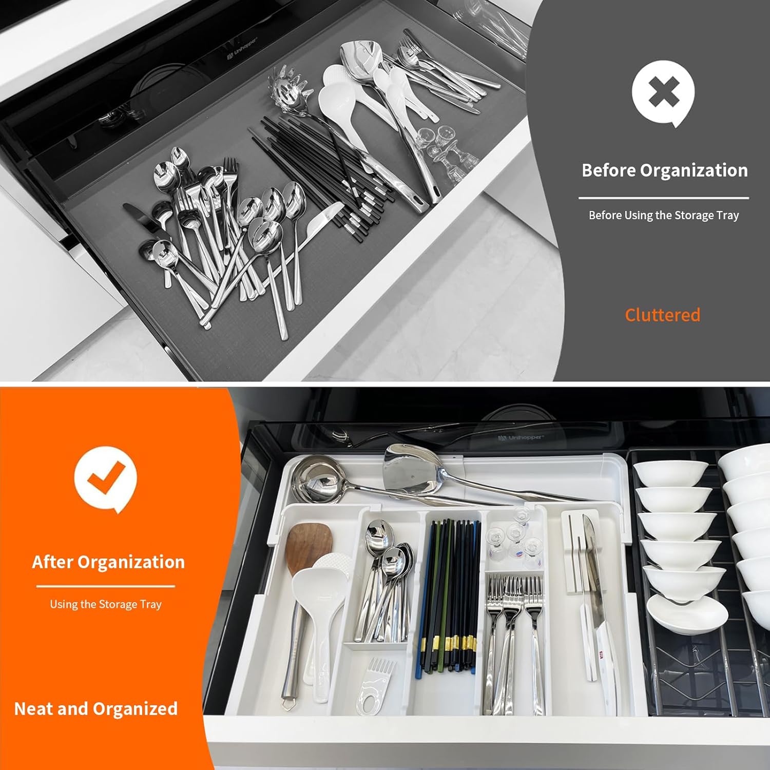DQQKMM Larger Cutlery Drawer Organiser,Expandable Drawer Organizer with 9 Compartments, 3-sided Cutlery Organiser, Adjustable Cutlery Tray,utensil drawer organiser for Spoons,Forks and Knives (black)
