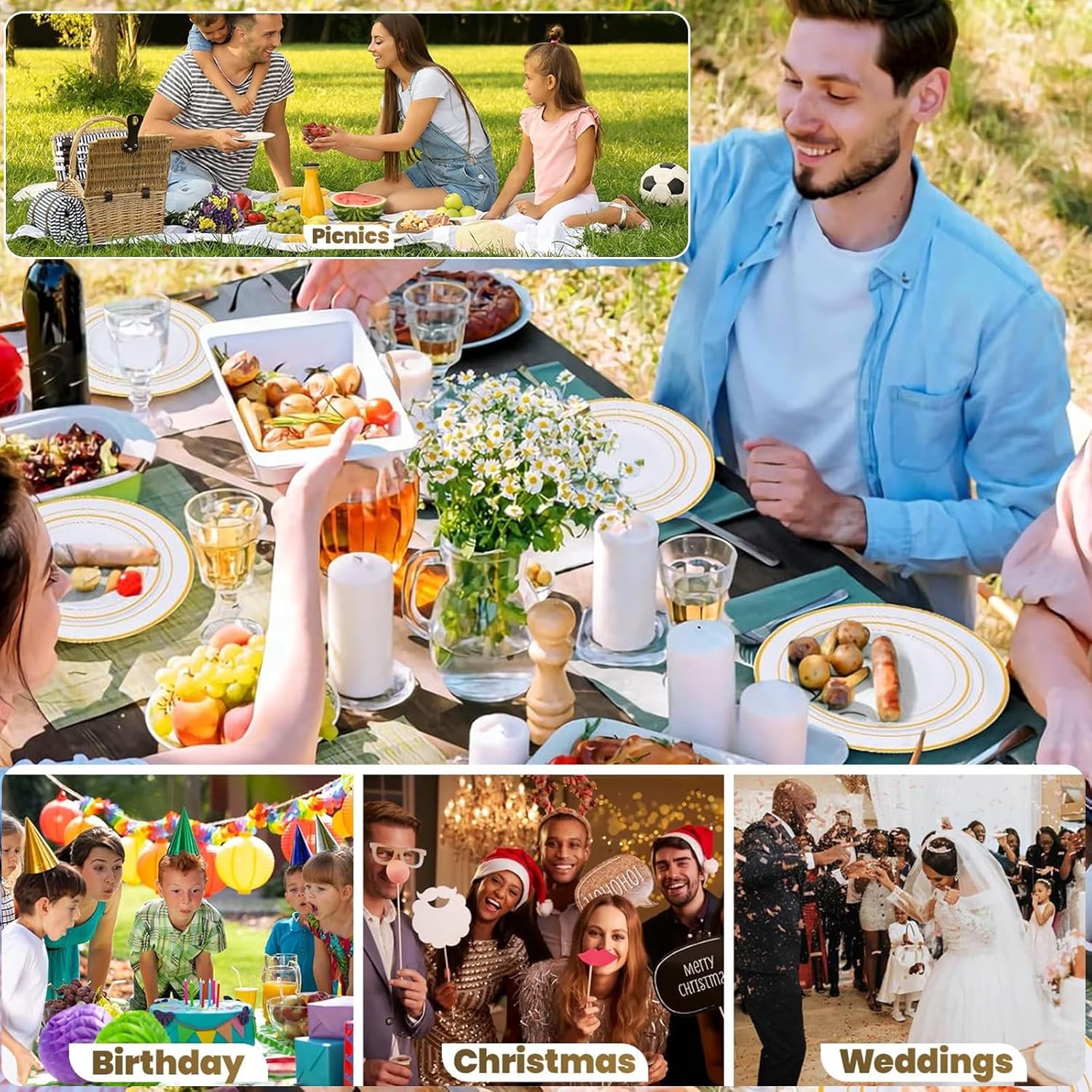 DQQKMM 175Pcs Gold Disposable Dinnerware Set for 25 Guests, for 25 Guests, 50 Plates, 75 Silverware, 25 Napkins, 25 Cups