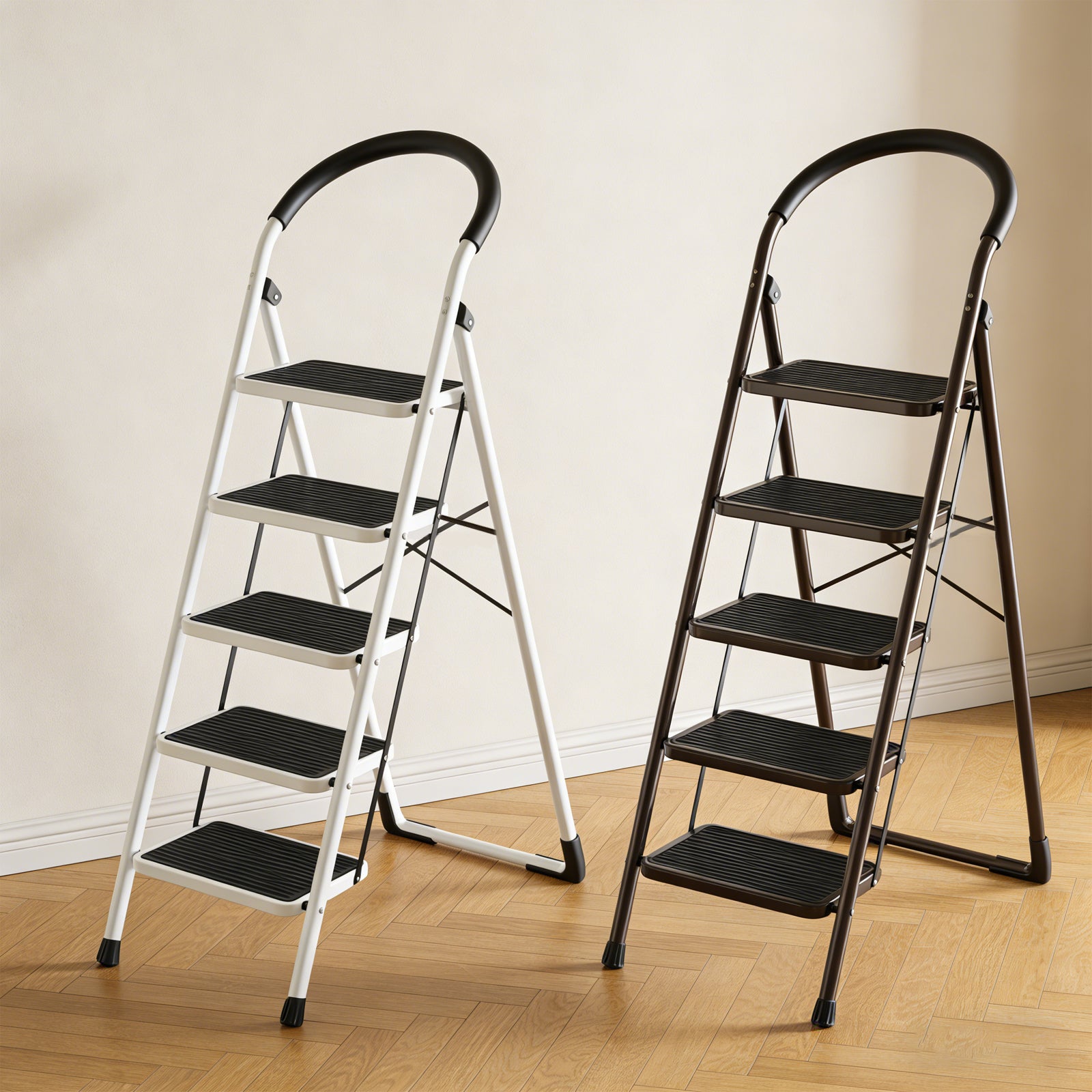 DQQKMM 5 Step Ladder, Folding Step Stool With Extra Wide Anti-Slip Pedal 330 Lbs Capacity (White)