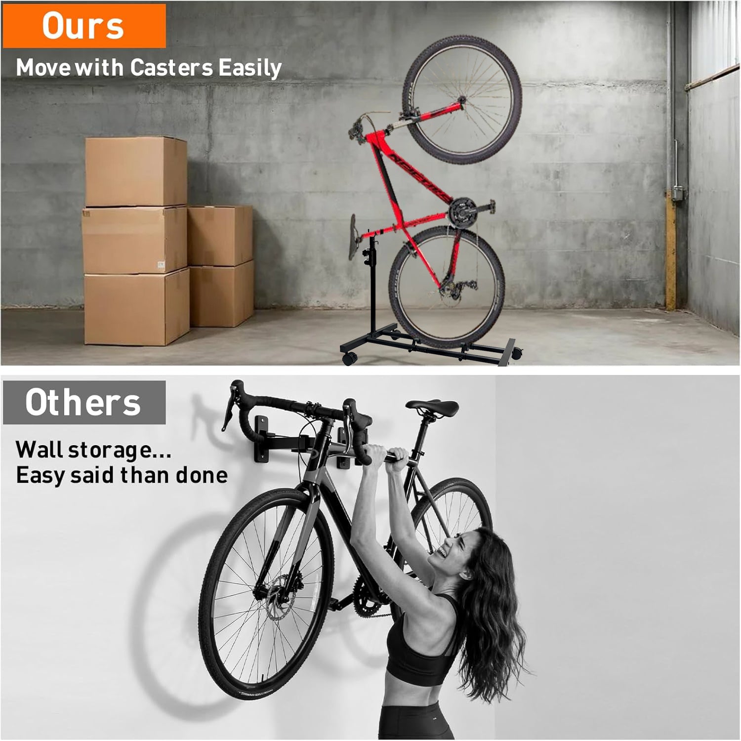 DQQKMM Vertical Bike Stand Movable with Casters, Freestanding Indoor Bike Storage Rack Upright Bicycle Floor Stand Indoor Bike Holder with Adjustable Height for Garage & Apartment