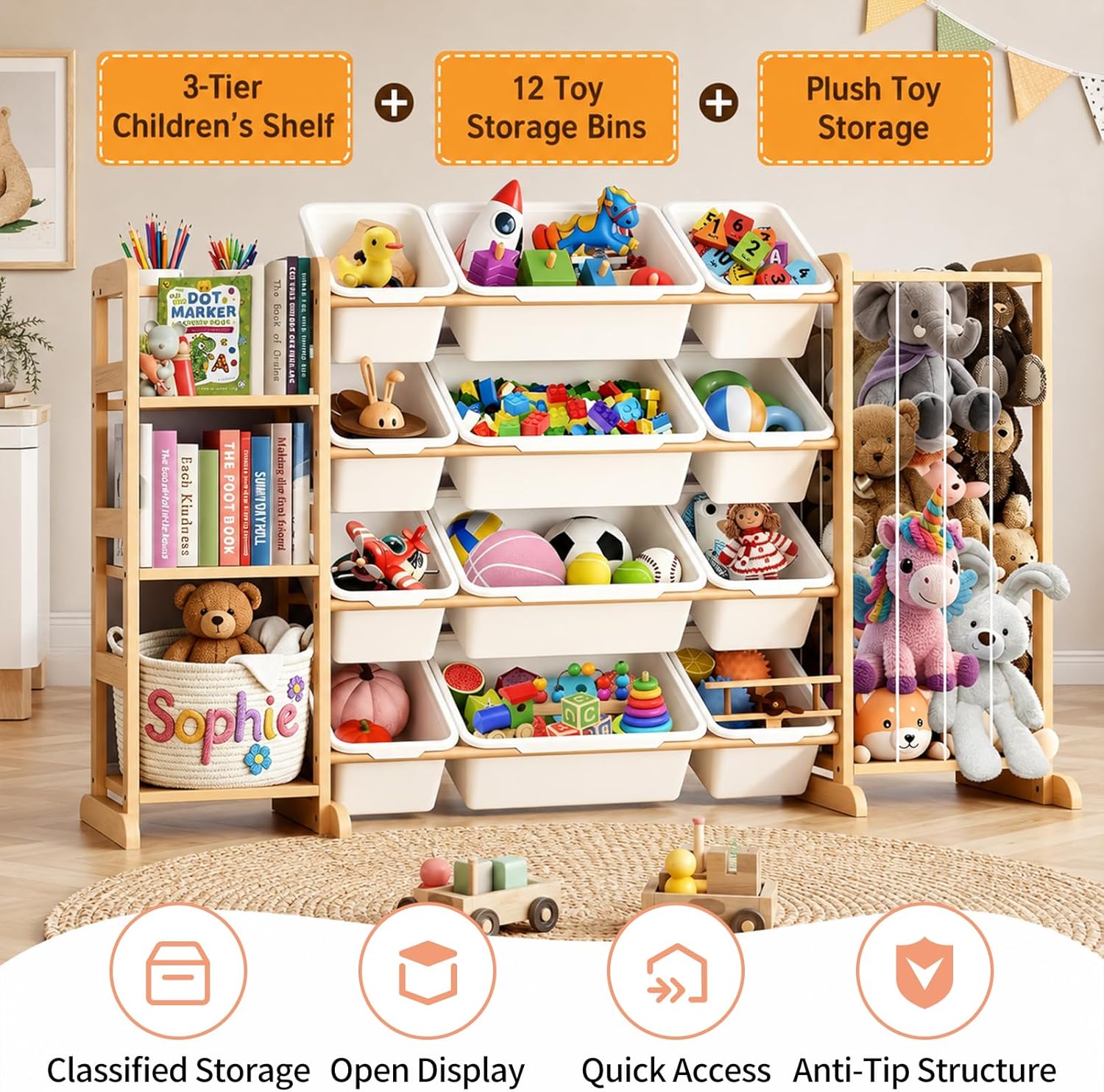 DQQKMM 3-in-1 Toy Storage Organizer with Bookshelf & Stuffed Animal Holder, Kids Toy Shelf with 12 Storage Bins, Wooden Playroom Storage Rack for Bedroom, Space-Saving Toy & Bookcase for Kids Rooms