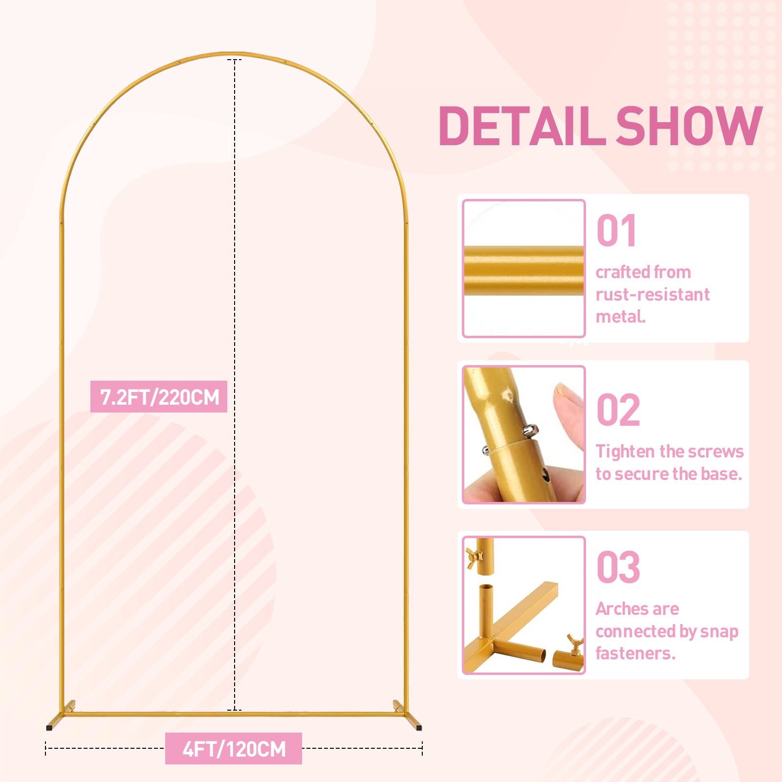 Metal Arch Backdrop Stand 7.2FT, 6FT Set of 2 Gold Wedding Arch Stand with Stable Base,Balloon Backdrop Stand for Wedding Ceremony Birthday Party Bridal Baby Shower Banquet Decoration.