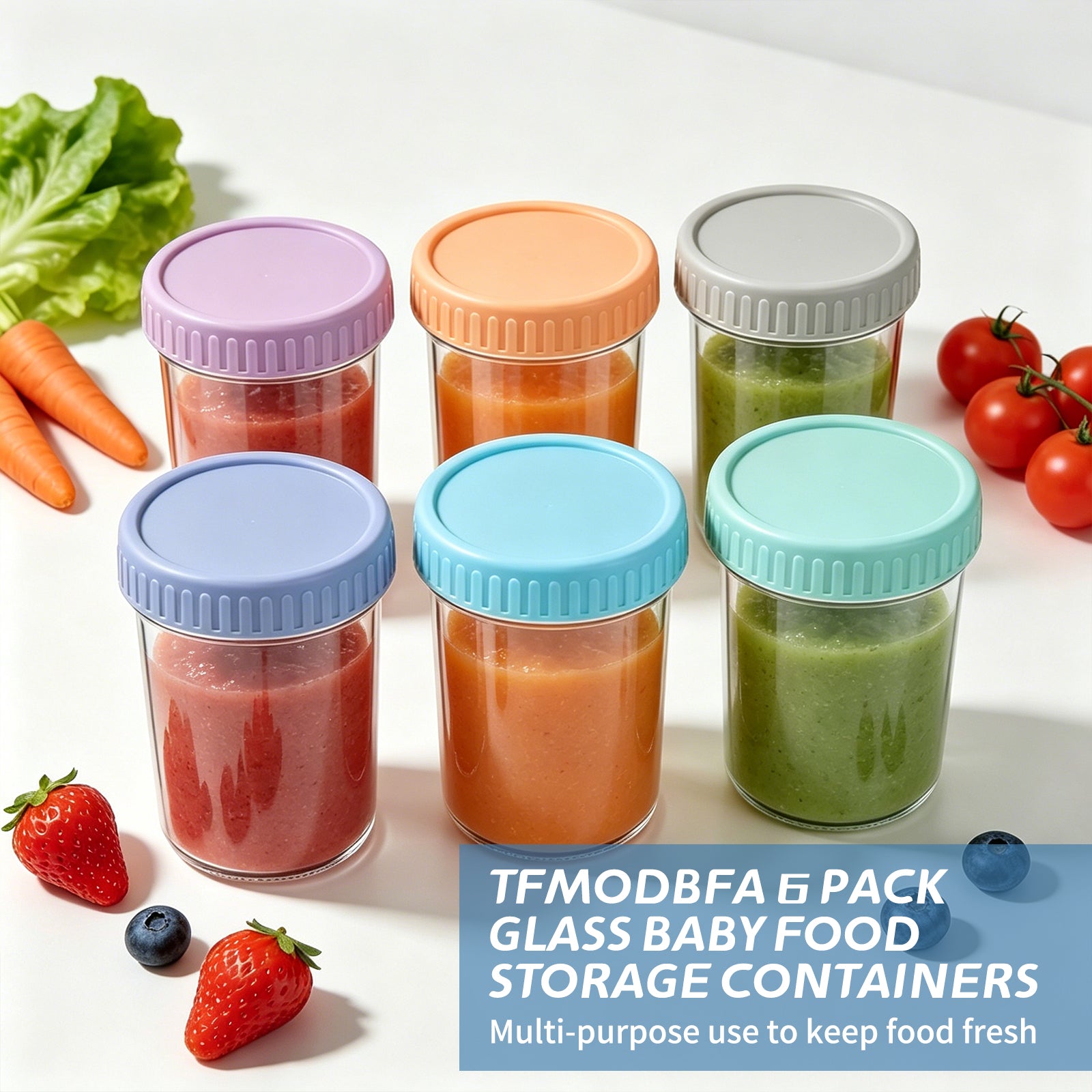 DQQKMM 6 Pack Glass Baby Food Storage Containers, 8oz/236ml Glass Baby Food Jars with Airtight Lids, Small Containers Freezer Storage with Airtight Lids Leak Proof for Baby Food