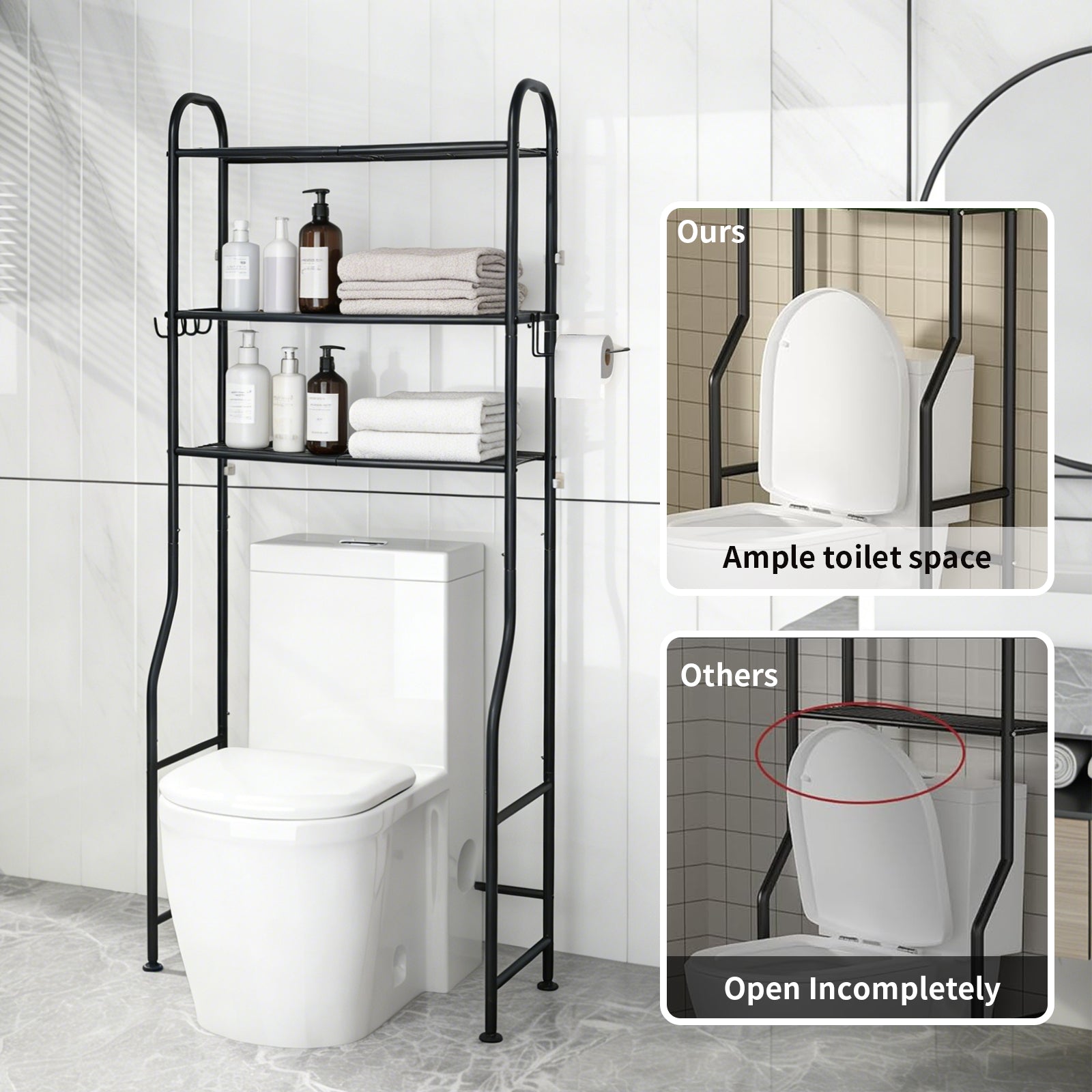 DQQKMM 3-Tier Over The Toilet Storage Rack, Freestanding Metal Over the Toilet Storage Shelf with Paper Holder & Hooks, Space Saver Bathroom Organizer Toilet for Bathroom/Laundry Room, Black