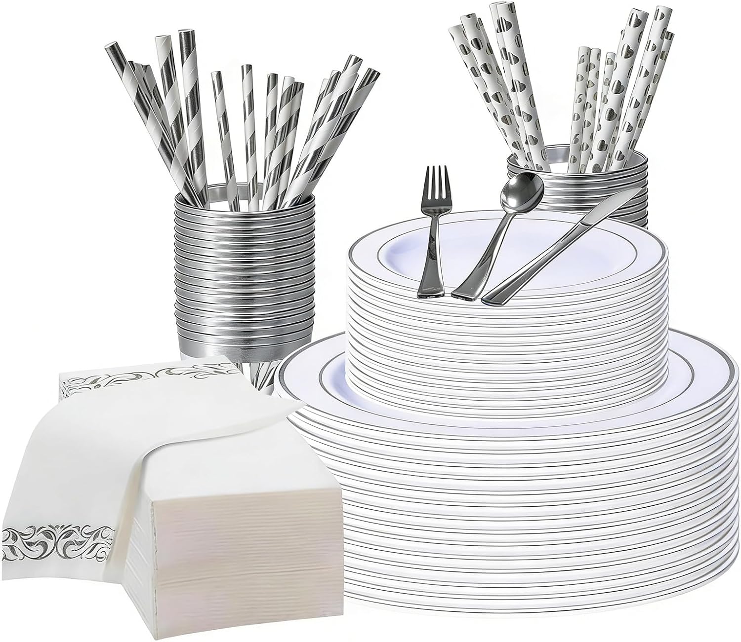 DQQKMM 225Pcs Silver Disposable Dinnerware Set for 25 Guests,50 Plates,75 Silverware(25 knives, 25 forks, 25 spoons),25 Napkins,25 Cups & 50 Straws