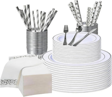 DQQKMM 225Pcs Silver Disposable Dinnerware Set for 25 Guests,50 Plates,75 Silverware(25 knives, 25 forks, 25 spoons),25 Napkins,25 Cups & 50 Straws