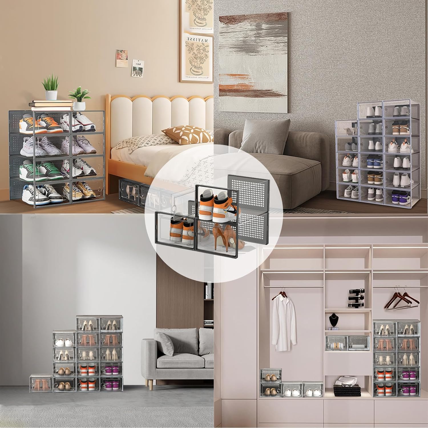 DQQKMM 15-Pack XXL Shoe Storage Box, Clear Shoe box Plastic Stackable Shoe Organizer for Closet, Space Saving Foldable Shoe Rack Sneaker Container Bin Holder(gray)