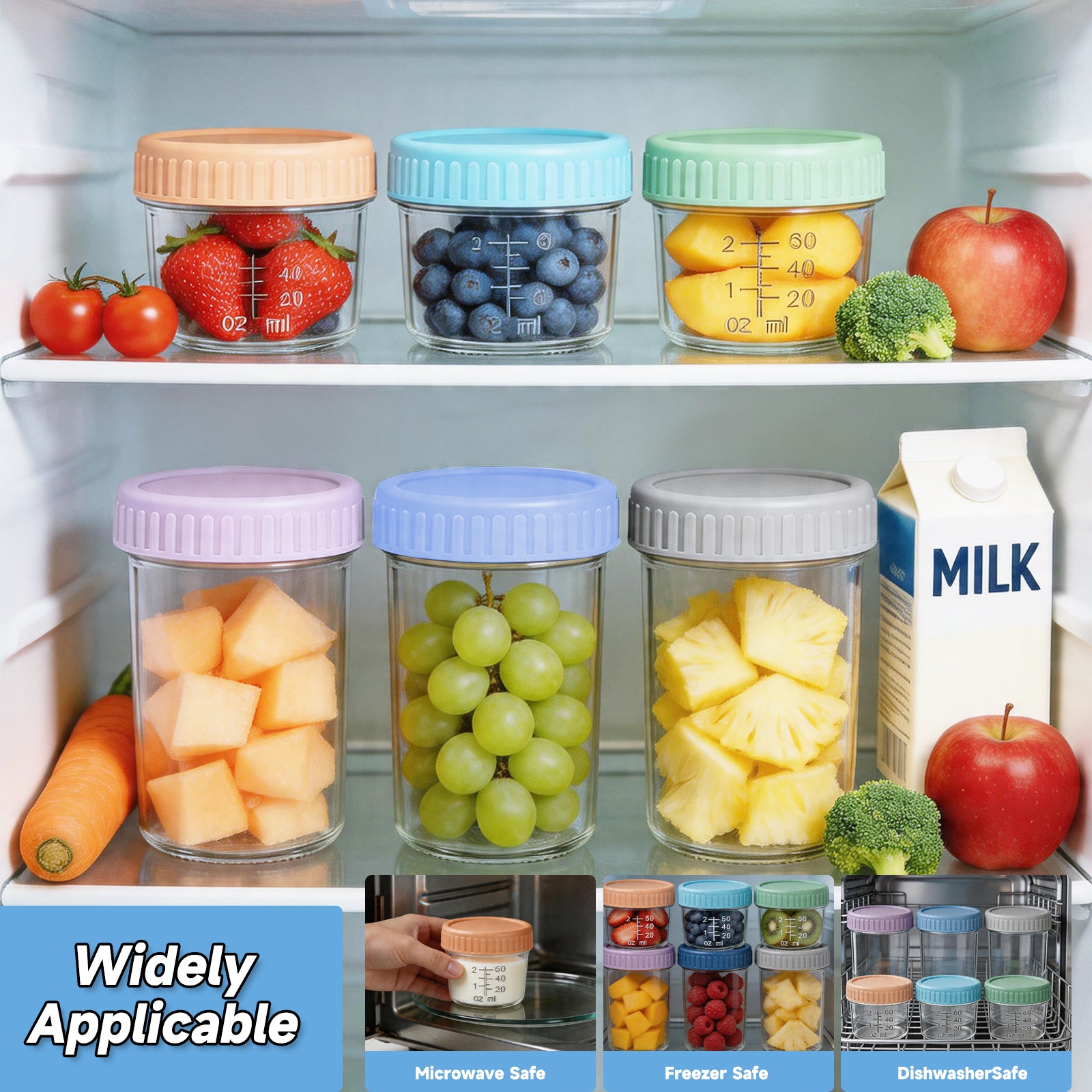 DQQKMM 6 Pack Glass Baby Food Storage Containers, 4oz/8oz Glass Baby Food Jars with Airtight Lids, Small Containers Freezer Storage with Airtight Lids Leak Proof for Baby Food