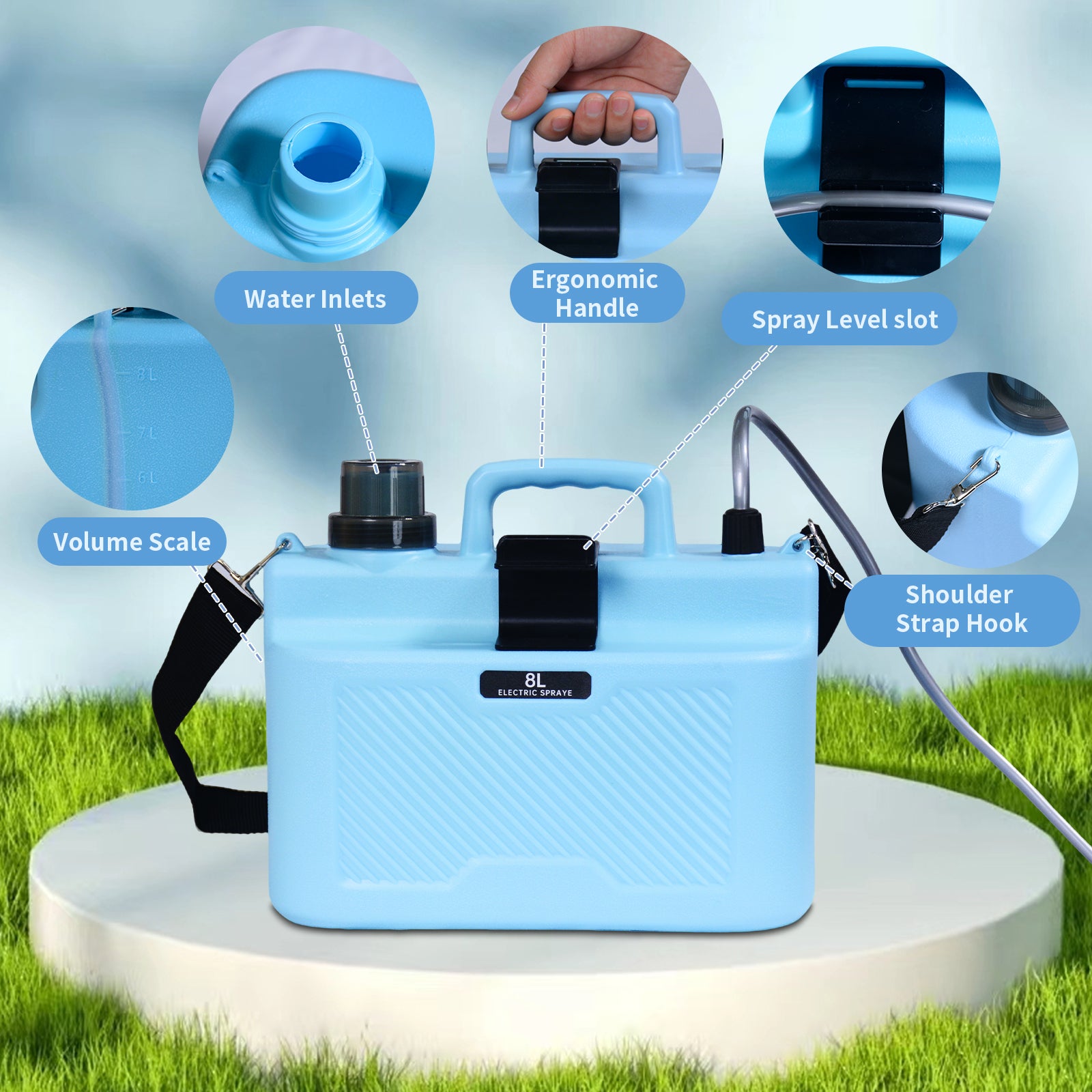 DQQKMM 8L Rechargeable Electric Sprayer, 2000mAh Battery, Digital Display, 3 Speeds, 4 Nozzles & Telescopic Wand for Lawn, Garden Cleaning