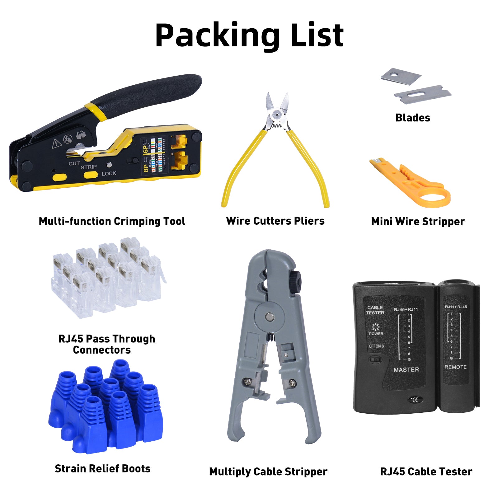 DQQKMM Ethernet Crimping Tool Kit RJ45 Crimp Tools, Cat5 Cat5e Cat6 Tool Kit with Cable Tester, Network Stripper, Blades, 50PCS Cat6 Pass Through Connectors and Strain Relief Boots