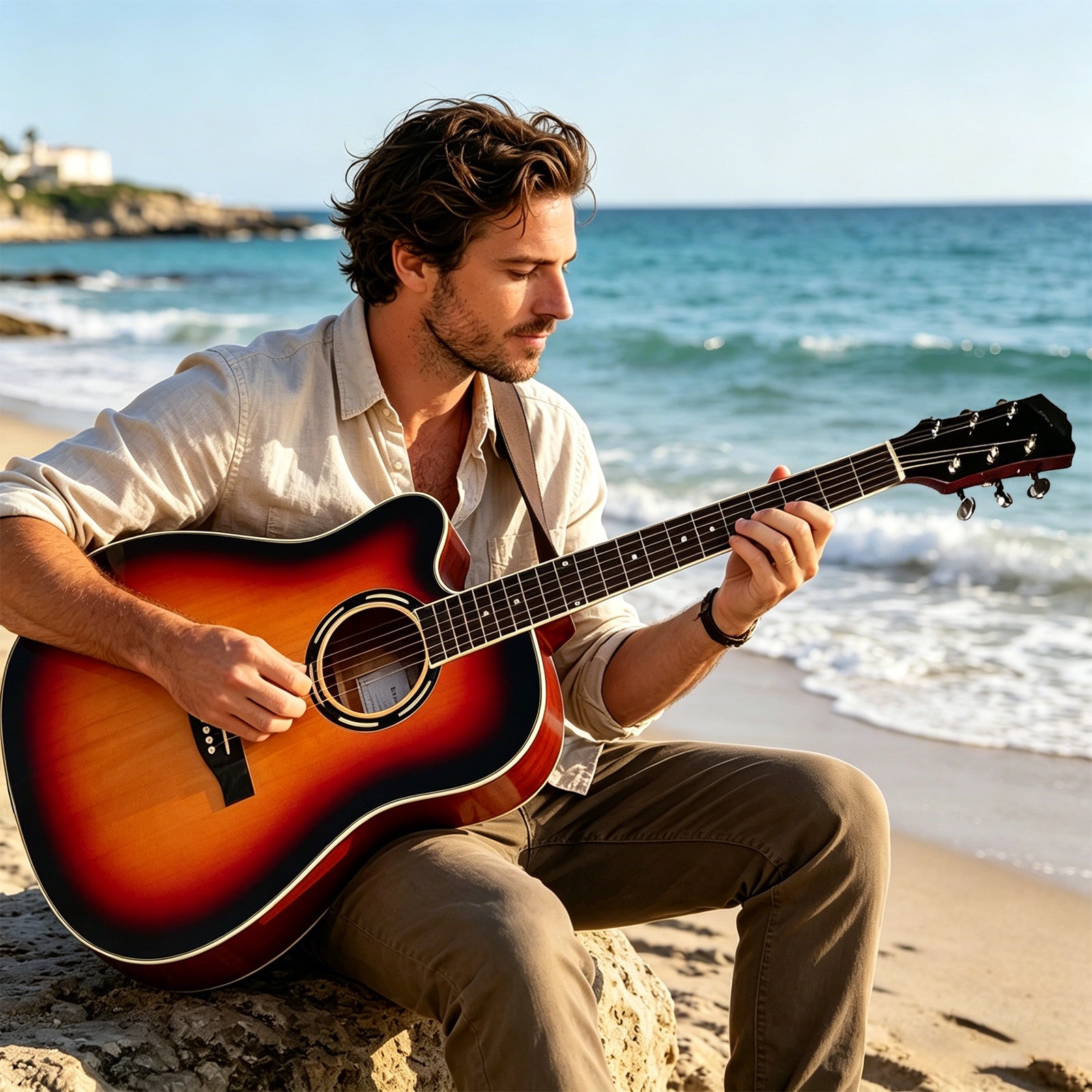 DQQKMM 41" Full-Size Cutaway Acoustic Guitar Kit for Adults & Beginners, Dreadnought Wooden Guitar Bundle with Gig Bag, Tuner, Capo, Strings & More, Sunburst Right-Handed
