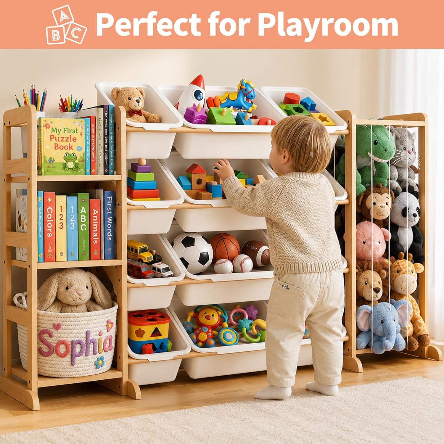DQQKMM 3-in-1 Toy Storage Organizer with Bookshelf & Stuffed Animal Holder, Kids Toy Shelf with 12 Storage Bins, Wooden Playroom Storage Rack for Bedroom, Space-Saving Toy & Bookcase for Kids Rooms