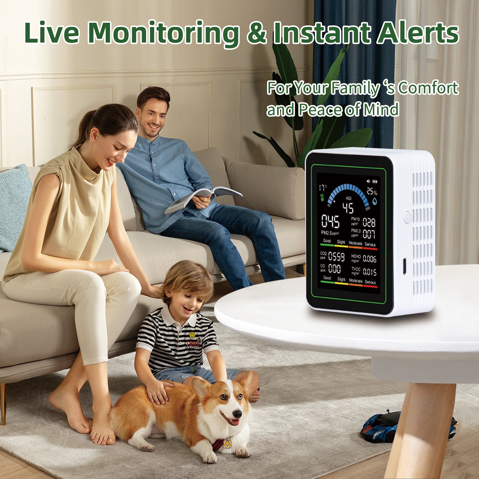 DQQKMM 10-in-1 Air Quality Monitor, Portable Smart Air Quality Tester with Beep Alarms, Real-Time Detection for Home, Office, Car & Pet Areas