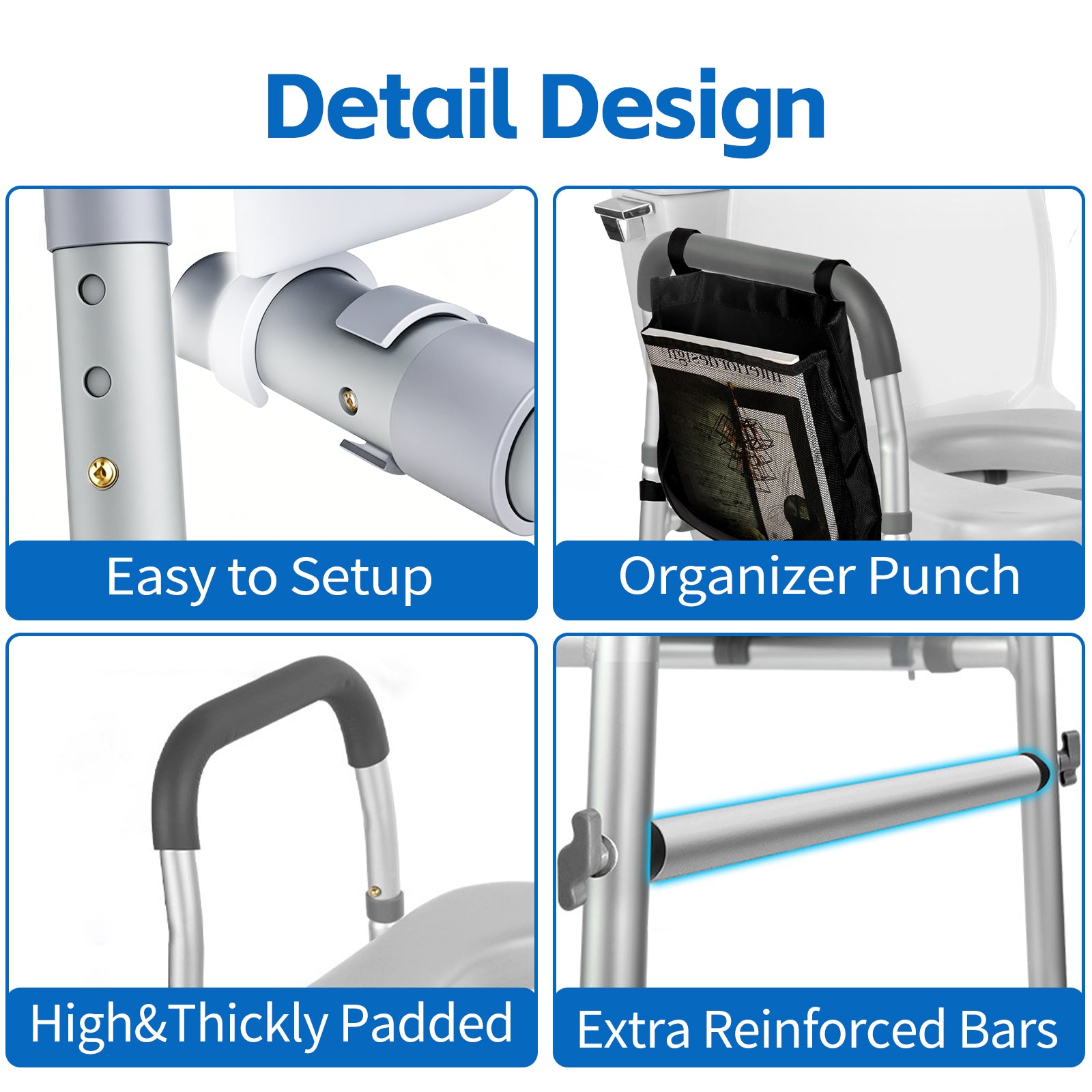 DQQKMM Toilet Seat Riser for Seniors, Adjustable Height & Width, Raised Toilet Seat with Handles & Padded Seat, Supports 300 lbs Toilet Seat with Handles, Shower Chair & Bedside Commode
