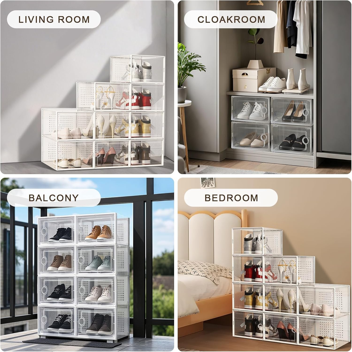 DQQKMM 15-Pack XL Shoe Storage Box, Clear Shoe box Plastic Stackable Shoe Organizer for Closet, Space Saving Foldable Shoe Rack Sneaker Container Bin Holder(white)