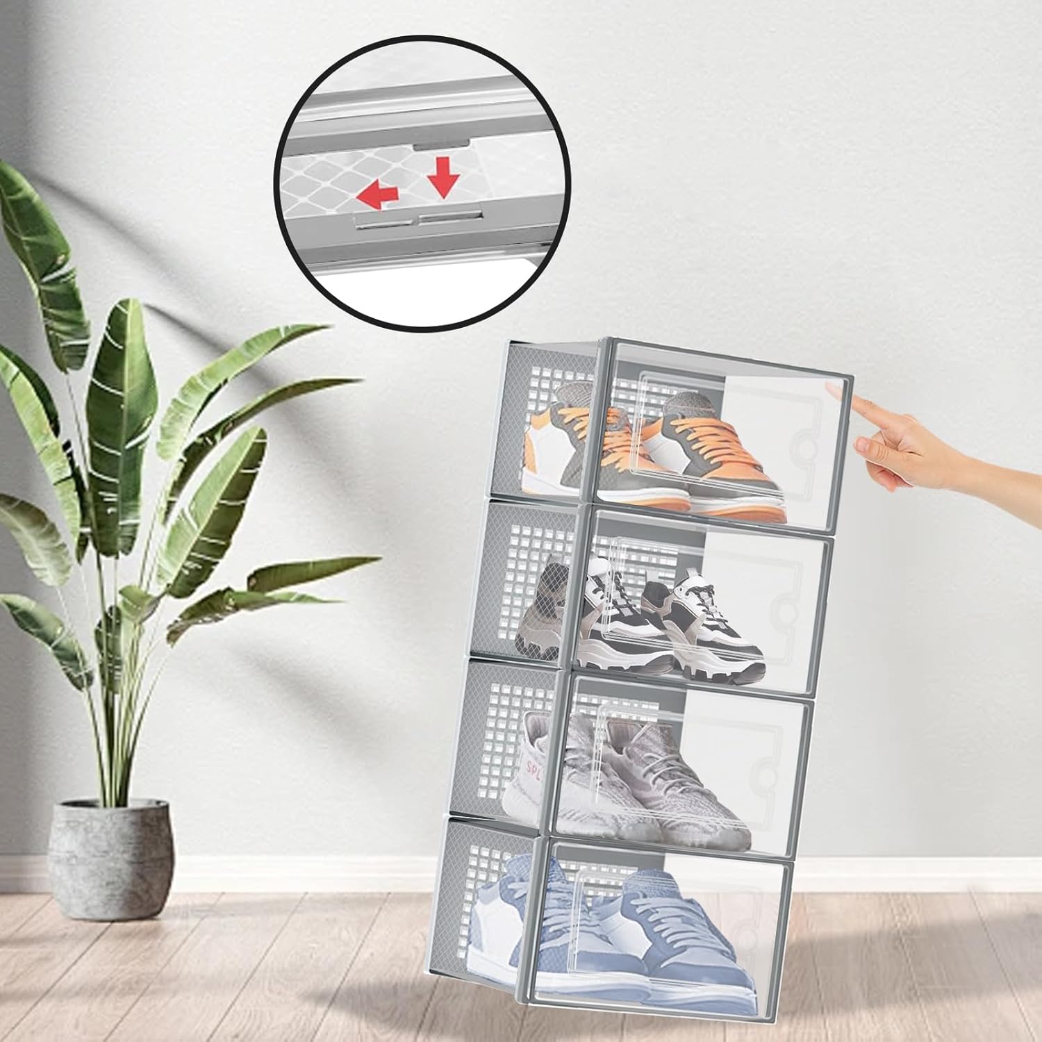 DQQKMM 15-Pack XL Shoe Storage Box, Clear Shoe box Plastic Stackable Shoe Organizer for Closet, Space Saving Foldable Shoe Rack Sneaker Container Bin Holder(gray)