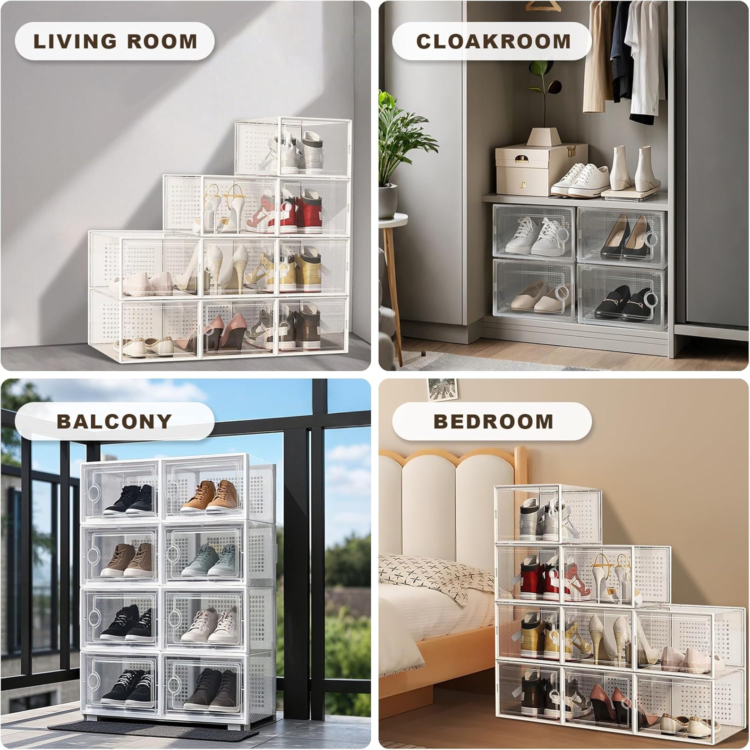 DQQKMM 12-Pack XL Shoe Storage Box, Clear Shoe box Plastic Stackable Shoe Organizer for Closet, Space Saving Foldable Shoe Rack Sneaker Container Bin Holder(white)