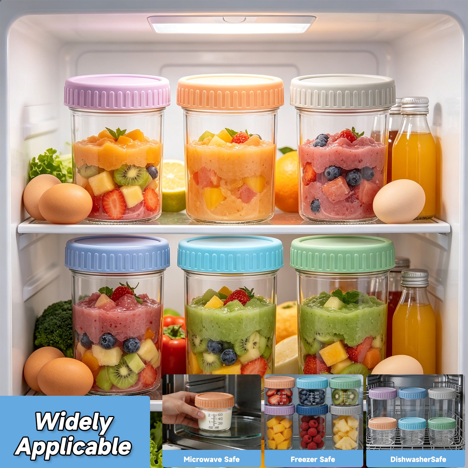 DQQKMM 6 Pack Glass Baby Food Storage Containers, 8oz/236ml Glass Baby Food Jars with Airtight Lids, Small Containers Freezer Storage with Airtight Lids Leak Proof for Baby Food