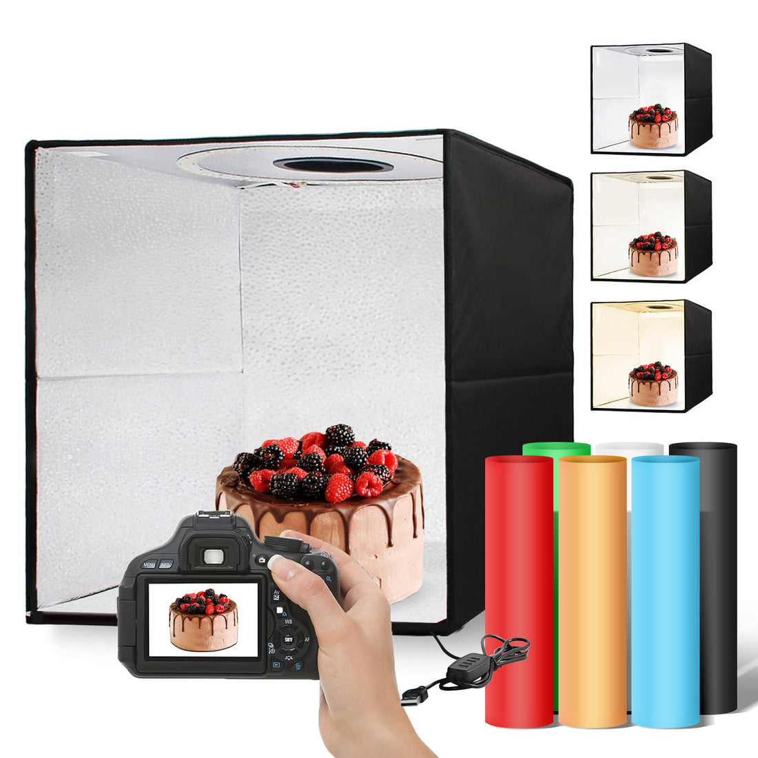 Portable Photo Studio Light Box, 40x40CM Photo Light Box with Ring Colour Change Light, Professional Dimmable Phto Tent Kit with 120 LEDs& 6 Kinds Double-Sided Color Backgrounds