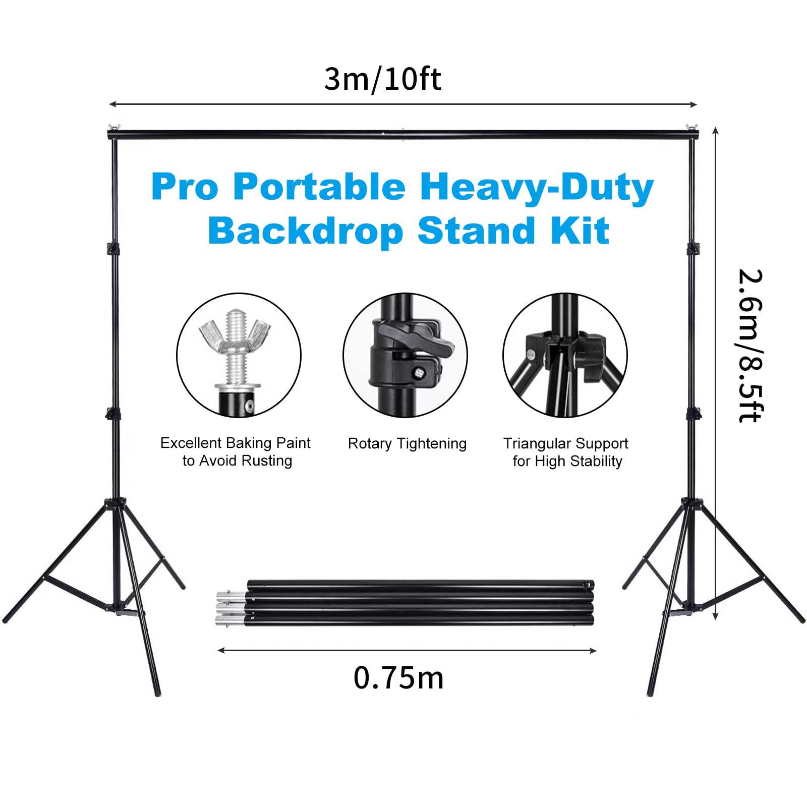 DQQKMM 10×8.5ft Backdrop Stand Kit,Adjustable Photography Studio Backdrop, 4 Crossbars, 6 Spring Clamps, 4 Backdrop Clips, 2 Sandbags and Carrying Bag for Studio Photography & Party Ceremony(2.6mX3m)