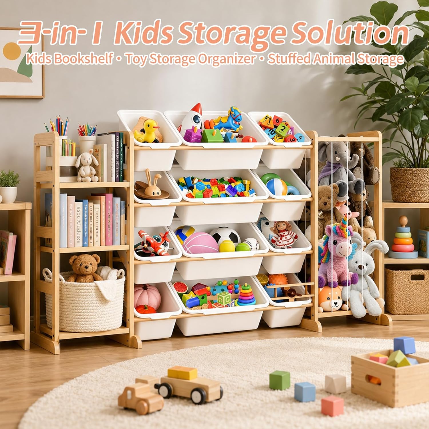 DQQKMM 3-in-1 Toy Storage Organizer with Bookshelf & Stuffed Animal Holder, Kids Toy Shelf with 12 Storage Bins, Wooden Playroom Storage Rack for Bedroom, Space-Saving Toy & Bookcase for Kids Rooms