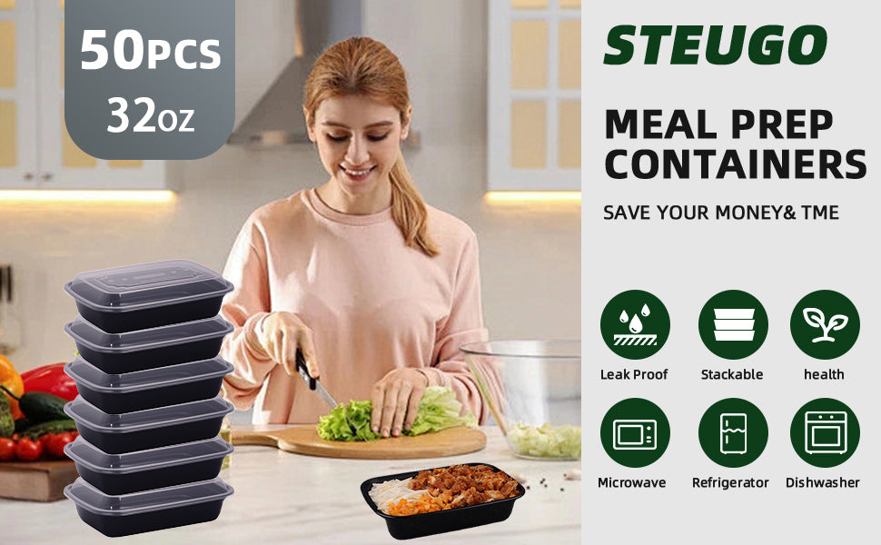 DQQKMM 100 Packs Black meal prep containers reusable,food containers with lids,to go container(32 oz)