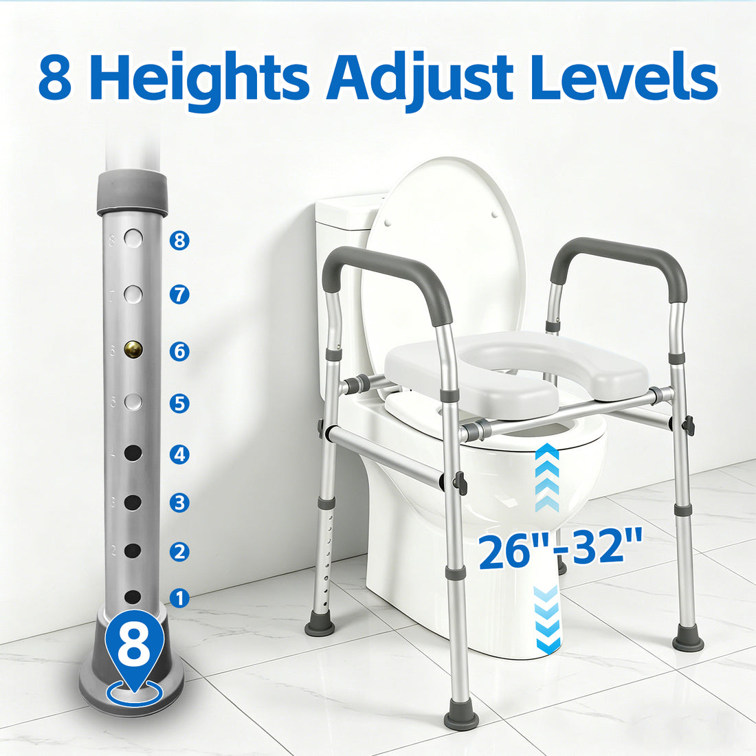 DQQKMM Toilet Seat Riser for Seniors, Adjustable Height & Width, Raised Toilet Seat with Handles & Padded Seat, Supports 300 lbs Toilet Seat with Handles, Shower Chair & Bedside Commode