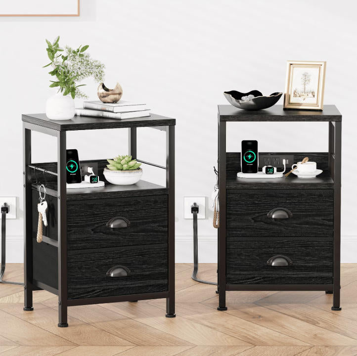 DQQKMM Set of 2 Nightstand with Charging Station, 2 Fabric Drawers Bedside End Table with USB Ports & Outlets for Bedroom Living Room,Black Oak