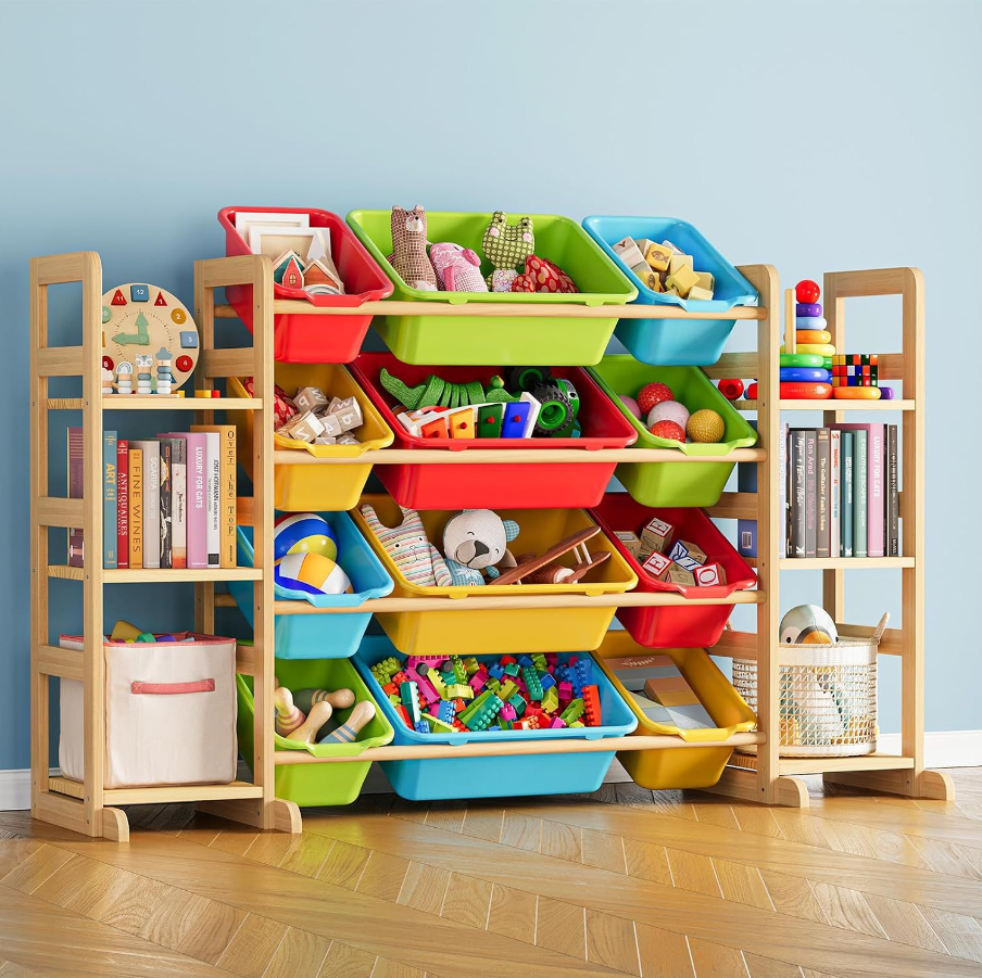 DQQKMM 3-in-1 Toy Storage Organizer with 12 Storage Bins, Playroom Storage Rack for Bedroom, Space-Saving Toy & Bookcase for Kids Rooms