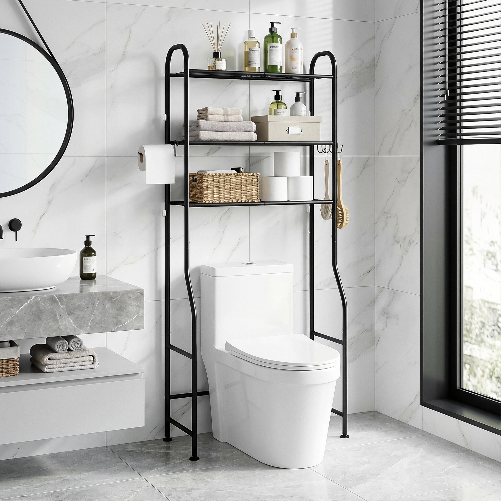 DQQKMM 3-Tier Over The Toilet Storage Rack, Freestanding Metal Over the Toilet Storage Shelf with Paper Holder & Hooks, Space Saver Bathroom Organizer Toilet for Bathroom/Laundry Room, Black