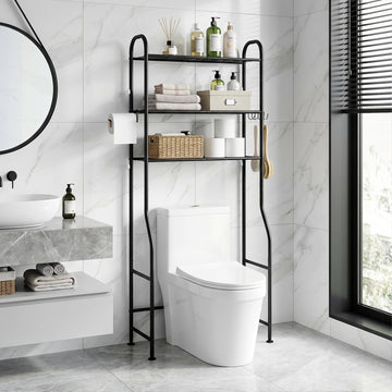 DQQKMM 3-Tier Over The Toilet Storage Rack, Freestanding Metal Over the Toilet Storage Shelf with Paper Holder & Hooks, Space Saver Bathroom Organizer Toilet for Bathroom/Laundry Room, Black