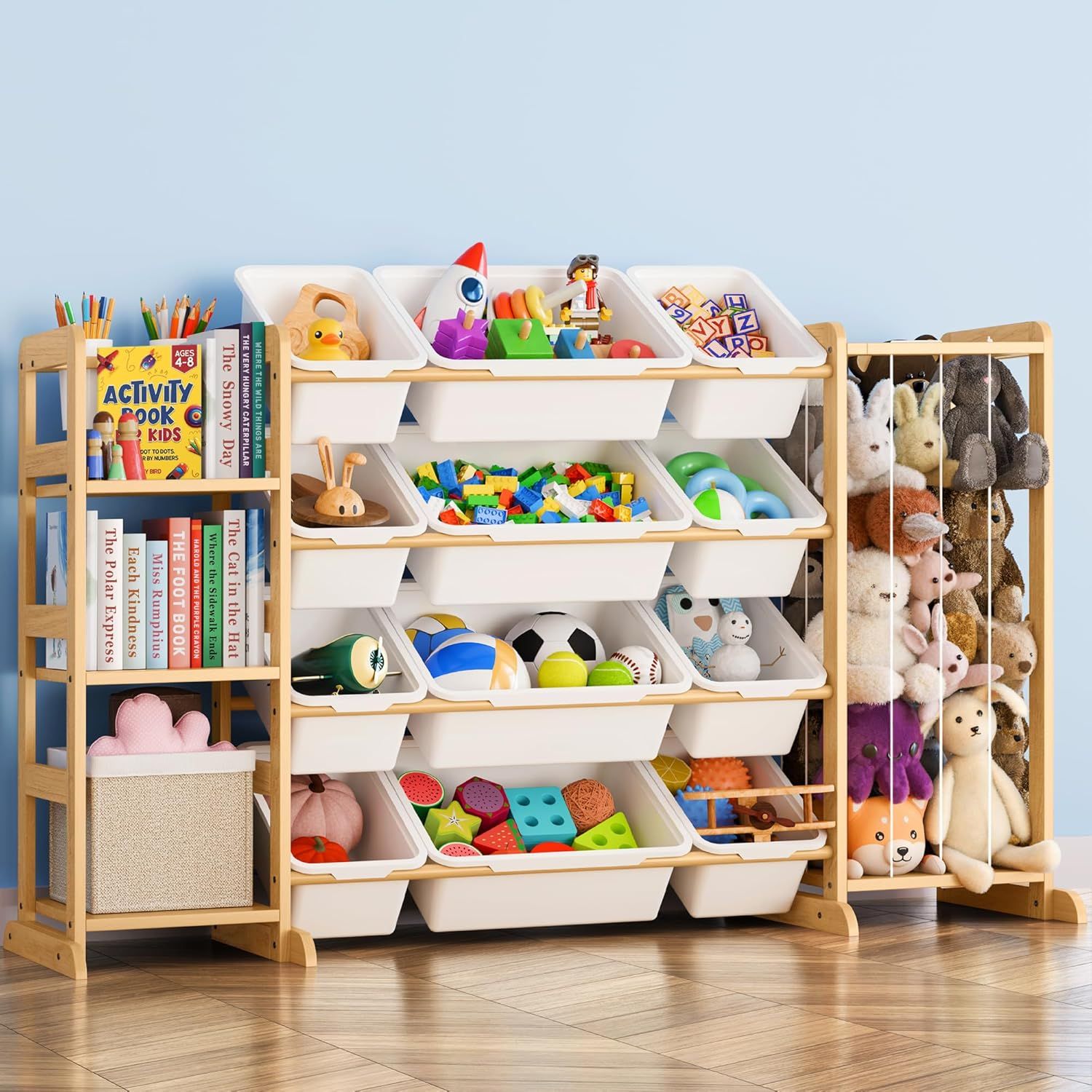 DQQKMM 3-in-1 Toy Storage Organizer with Bookshelf & Stuffed Animal Holder, Kids Toy Shelf with 12 Storage Bins, Wooden Playroom Storage Rack for Bedroom, Space-Saving Toy & Bookcase for Kids Rooms